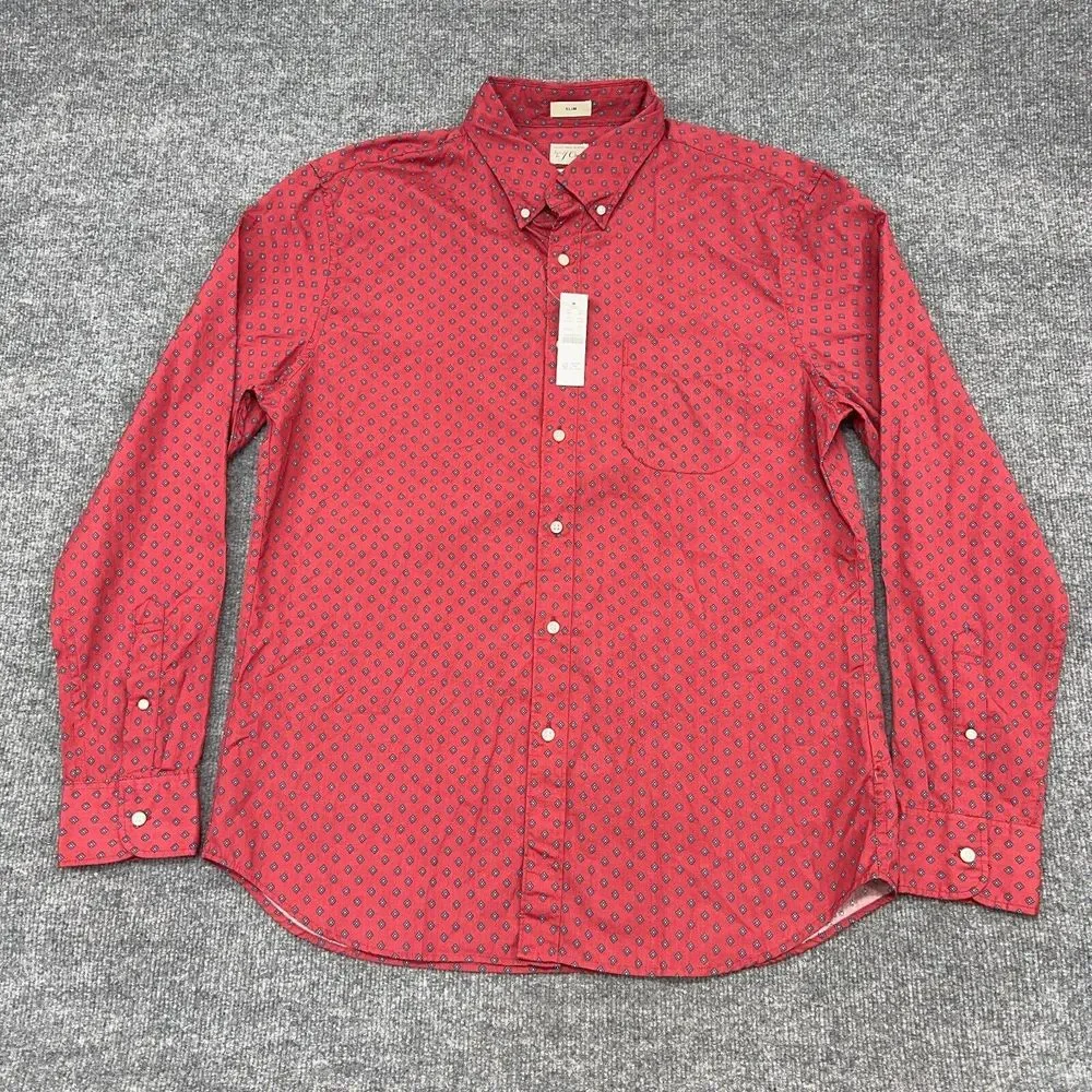 J.CREW Shirt Mens L Red Geometric 2‎ Ply 100% Cotton Slim Fit Button Up NEW $80